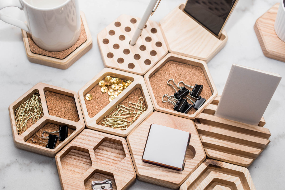 Hexagon Table organizers, tea coasters, and hangers made as zero waste product.
