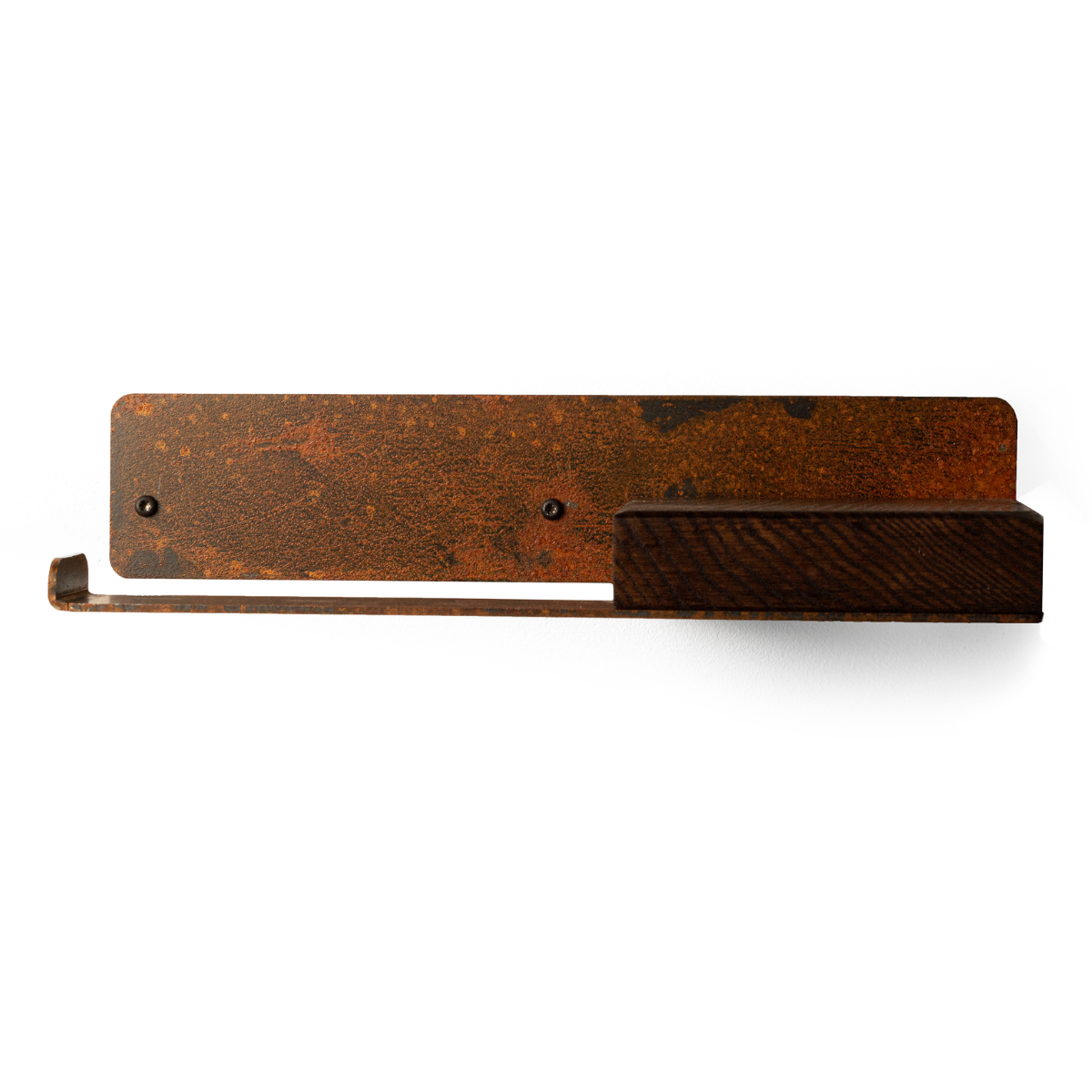 Front view of rusted metal toilet paper holder with wooden shelf on the side