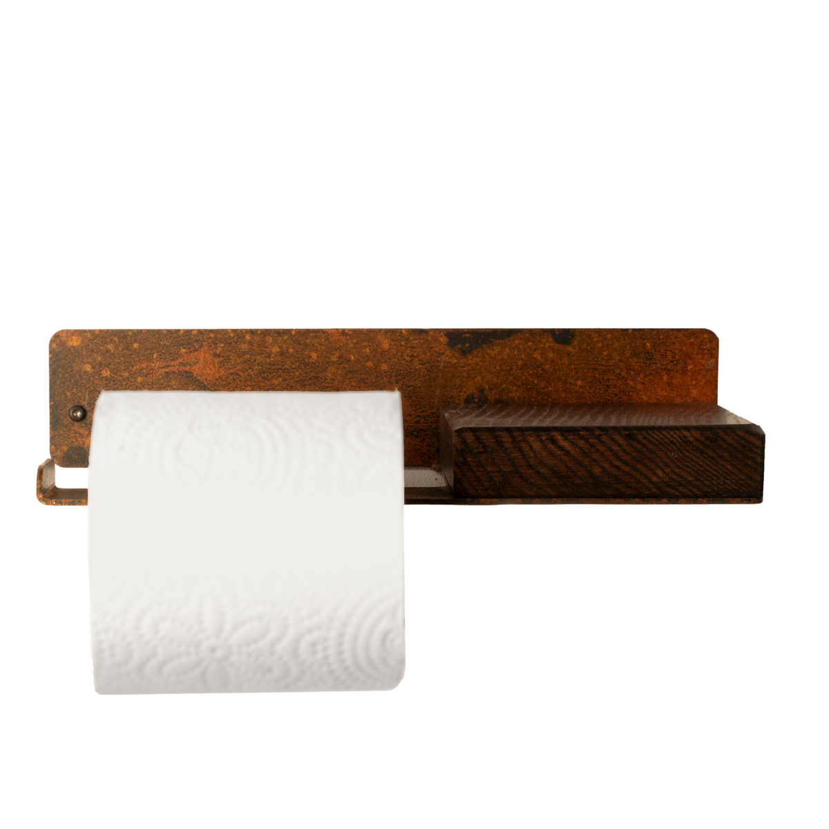 Rusted metal toilet paper holder with wooden shelf on the side
