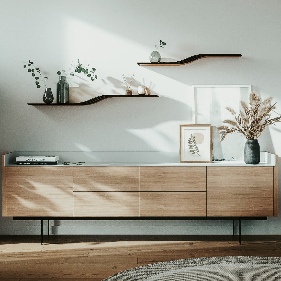 wooden sofa arms, floating wall shelves, and unique wall art designed to enhance the aesthetics and functionality of living spaces with a blend of wood and metal materials.