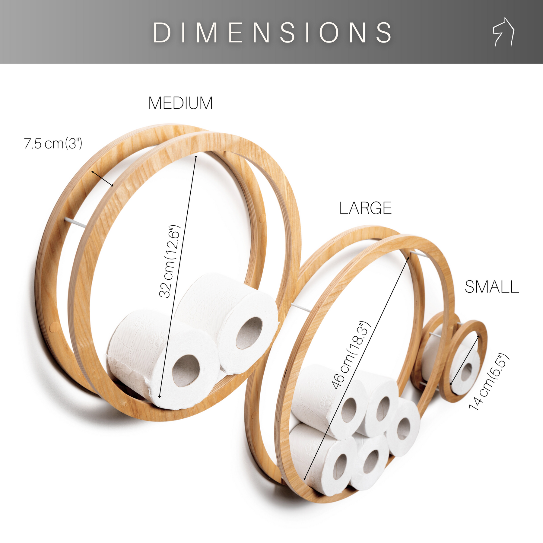 Dimensions for set of three wooden circle toilet paper holders