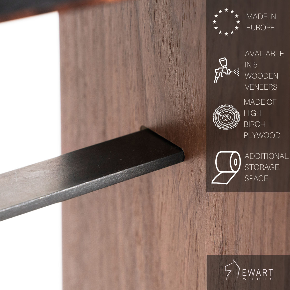 Close-up of a toilet paper holder made from high-quality birch plywood with a dark walnut veneer finish. The image highlights a sleek black metal handle and text indicating the product is made in Europe, available in 5 veneers