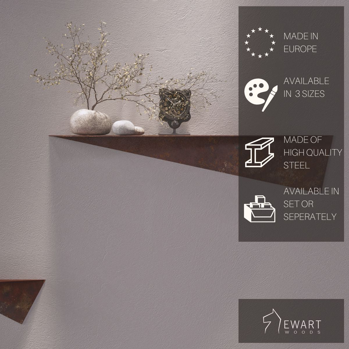 Rustic metal decor shelf with an angular design, featuring a decorative plant, smooth stones, and a black statue. Overlaid text highlights the product&