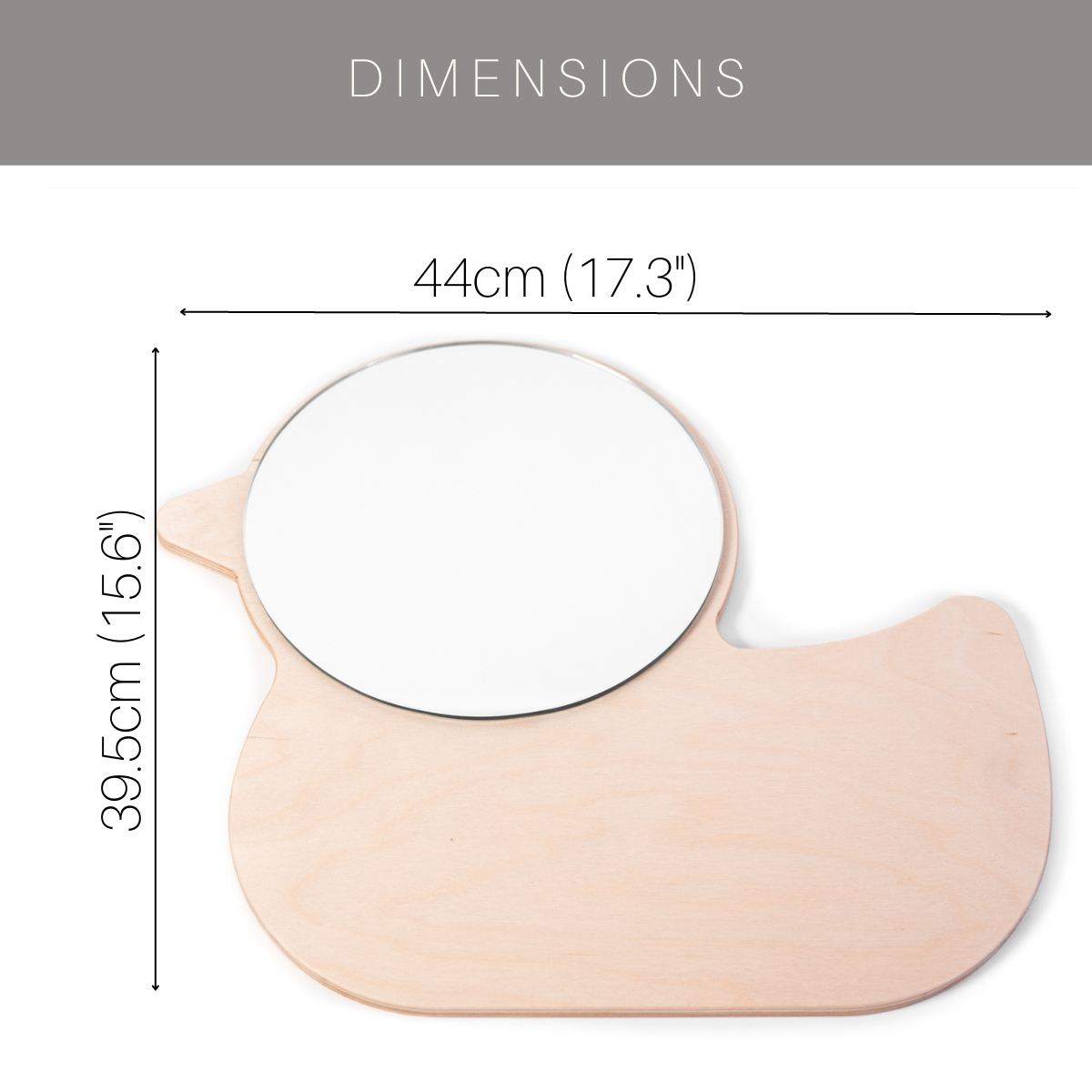 Duck-shaped wooden mirror with dimensions: 44 cm (17.3 inches) wide and 39.5 cm (15.6 inches) tall, featuring a round mirror on the body.