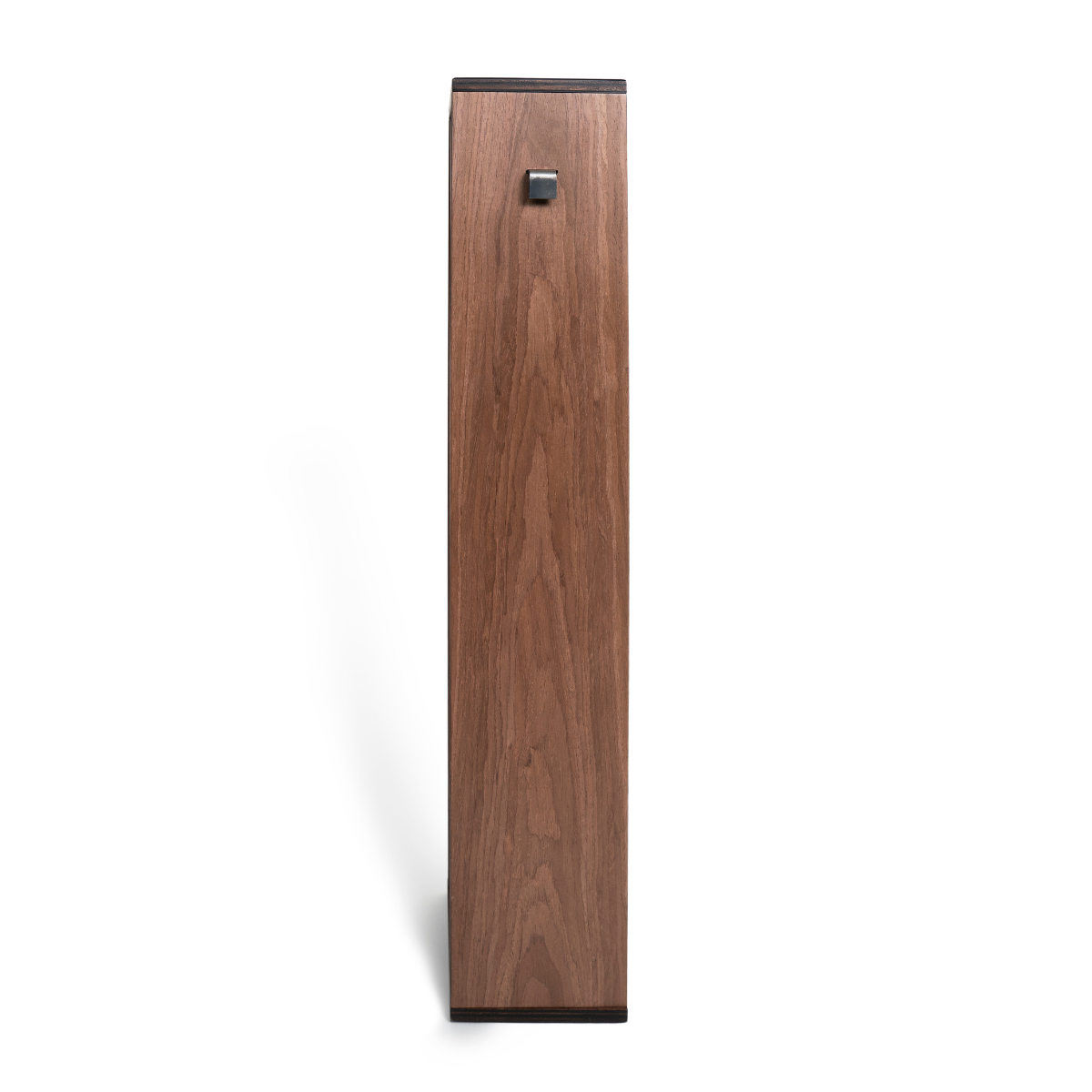 Side view of a vertical toilet paper storage unit with a dark walnut veneer finish and a minimalist black handle on the upper side. The unit features a sleek, modern design with subtle wood grain detailing.