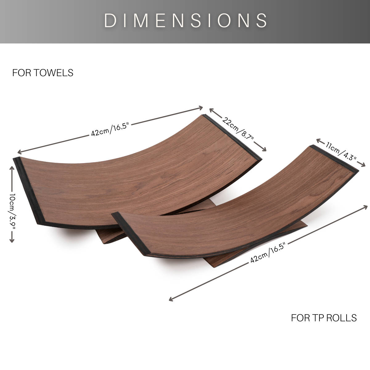 Two curved wooden holders with dimensions labeled for towels (42 cm by 22 cm by 10 cm) and for toilet paper rolls (42 cm by 11 cm), shown side by side.