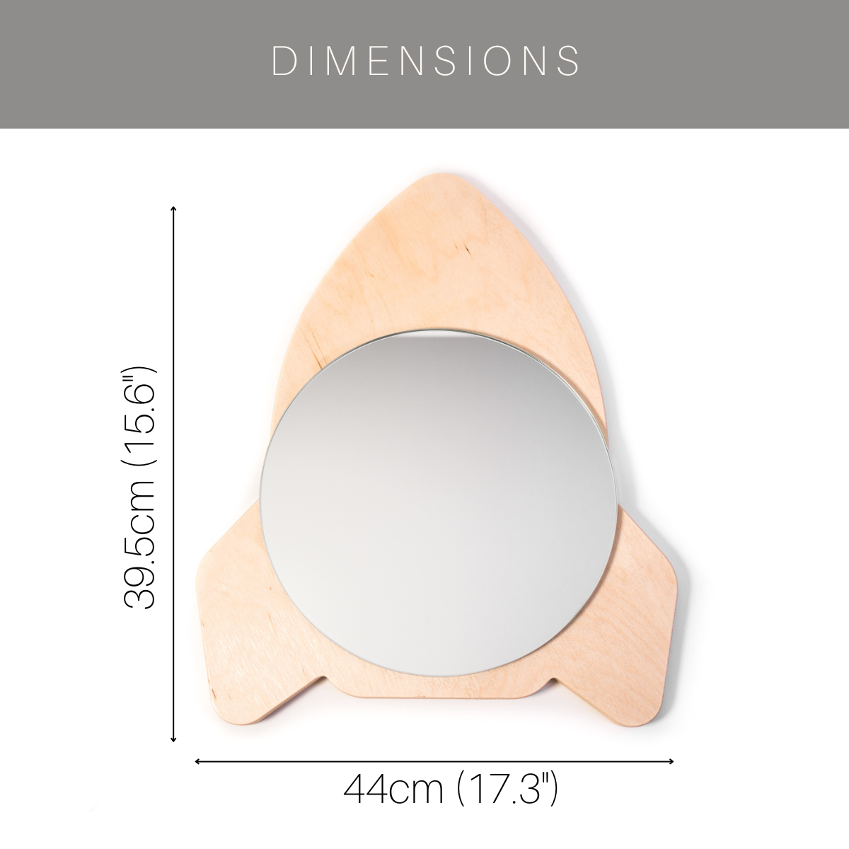 Rocket-shaped wooden mirror with dimensions: 44 cm (17.3 inches) wide and 39.5 cm (15.6 inches) tall, featuring a round mirror in the center.