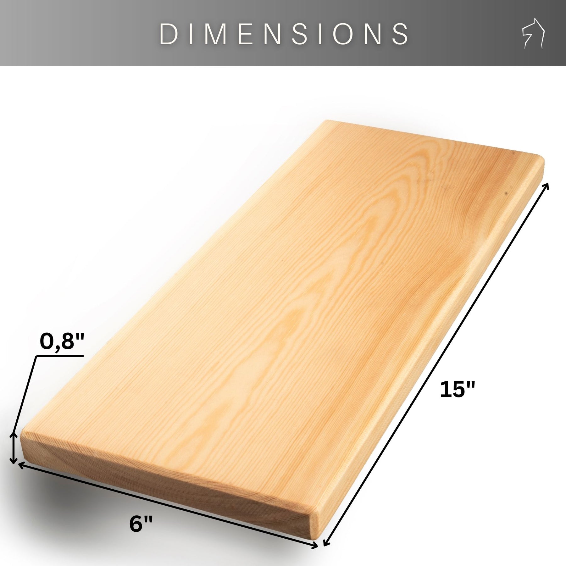 Natural wood floating shelf measuring 15 inches long, 6 inches wide, and 0.8 inches thick. The shelf has a sleek design with rounded edges and a prominent wood grain texture.
