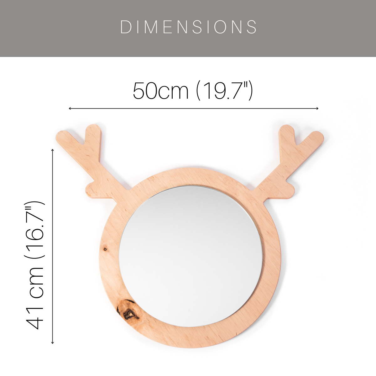 Deer-shaped wooden mirror with antlers, measuring 50 cm (19.7 inches) wide and 41 cm (16.7 inches) tall, featuring a round mirror in the center.