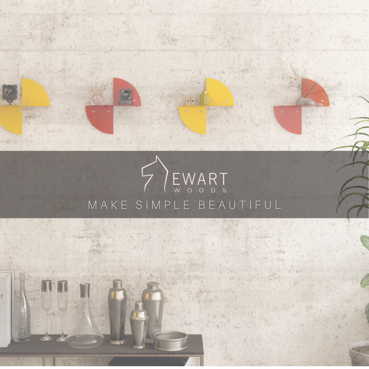 Vibrant yellow and red floating shelves mounted on a textured wall, displaying decorative plants. A wooden console below holds glasses and cocktail shakers, with the Ewart Woods logo and slogan Make Simple Beautiful.