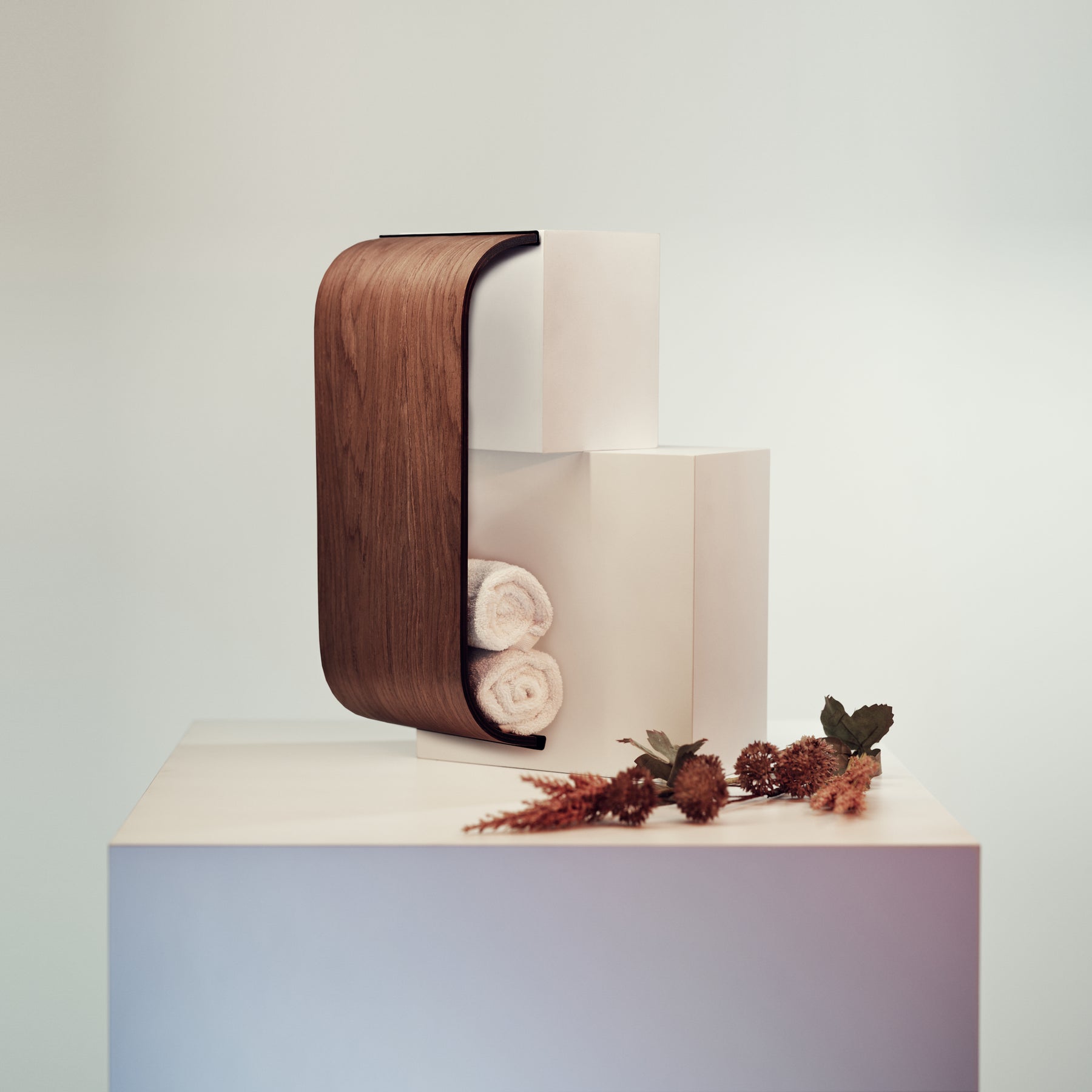 Wooden floating rolled towel holder in walnut color