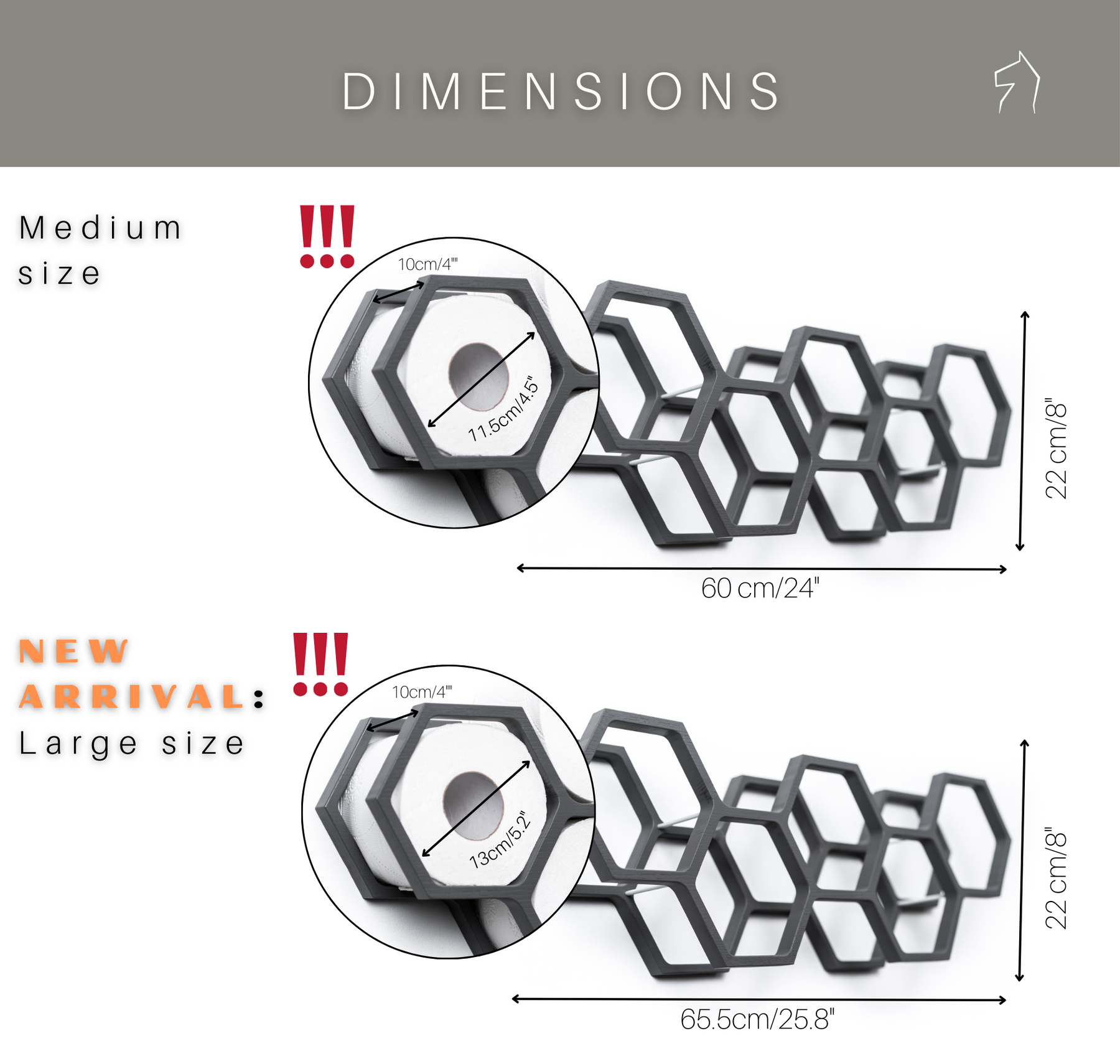 Dimensions for medium and large wall mounted hexagon shape toilet paper holders