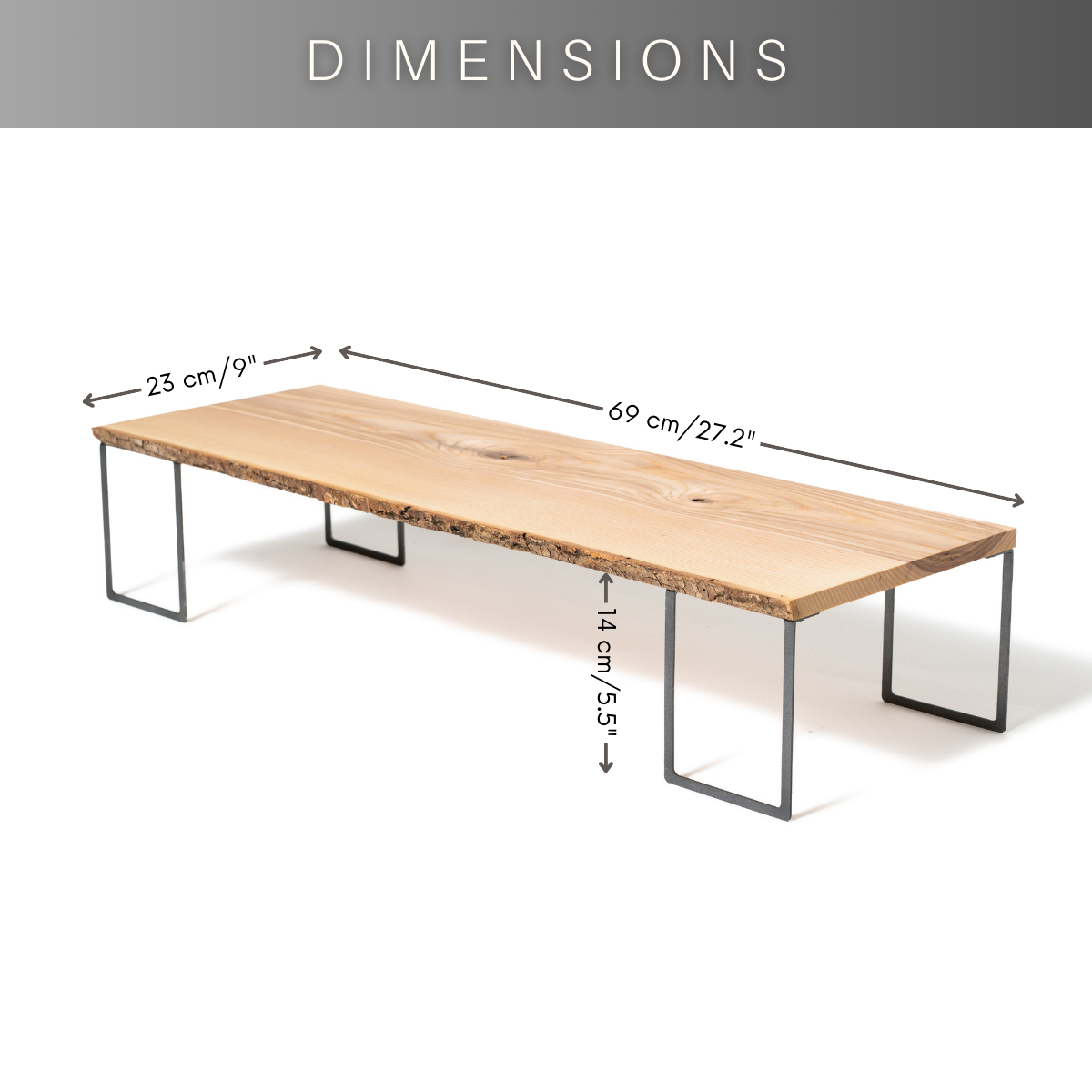 Dimensions for wooden monitor stand with bark and metal legs