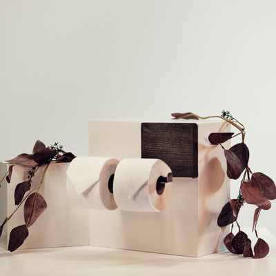 Wall mounted burned wood and metal toilet roll holder