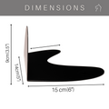 Black metal floating wall shelf with a curved design, featuring visible screws. The mount measures 9 cm in height, 14 cm in depth, and 15 cm in width.