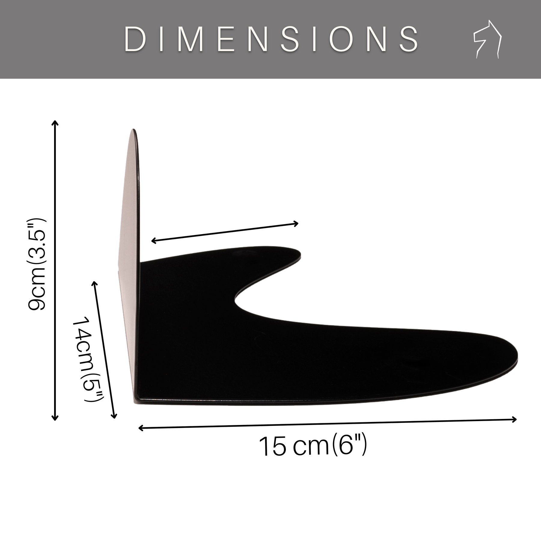 Black metal floating wall shelf with a curved design, featuring visible screws. The mount measures 9 cm in height, 14 cm in depth, and 15 cm in width.