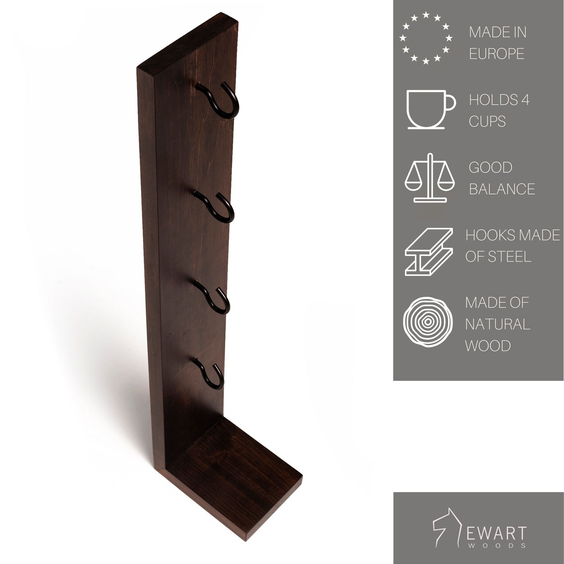 Dark wooden mug holder with four hooks, designed to hold cups securely. Labels highlight features: &