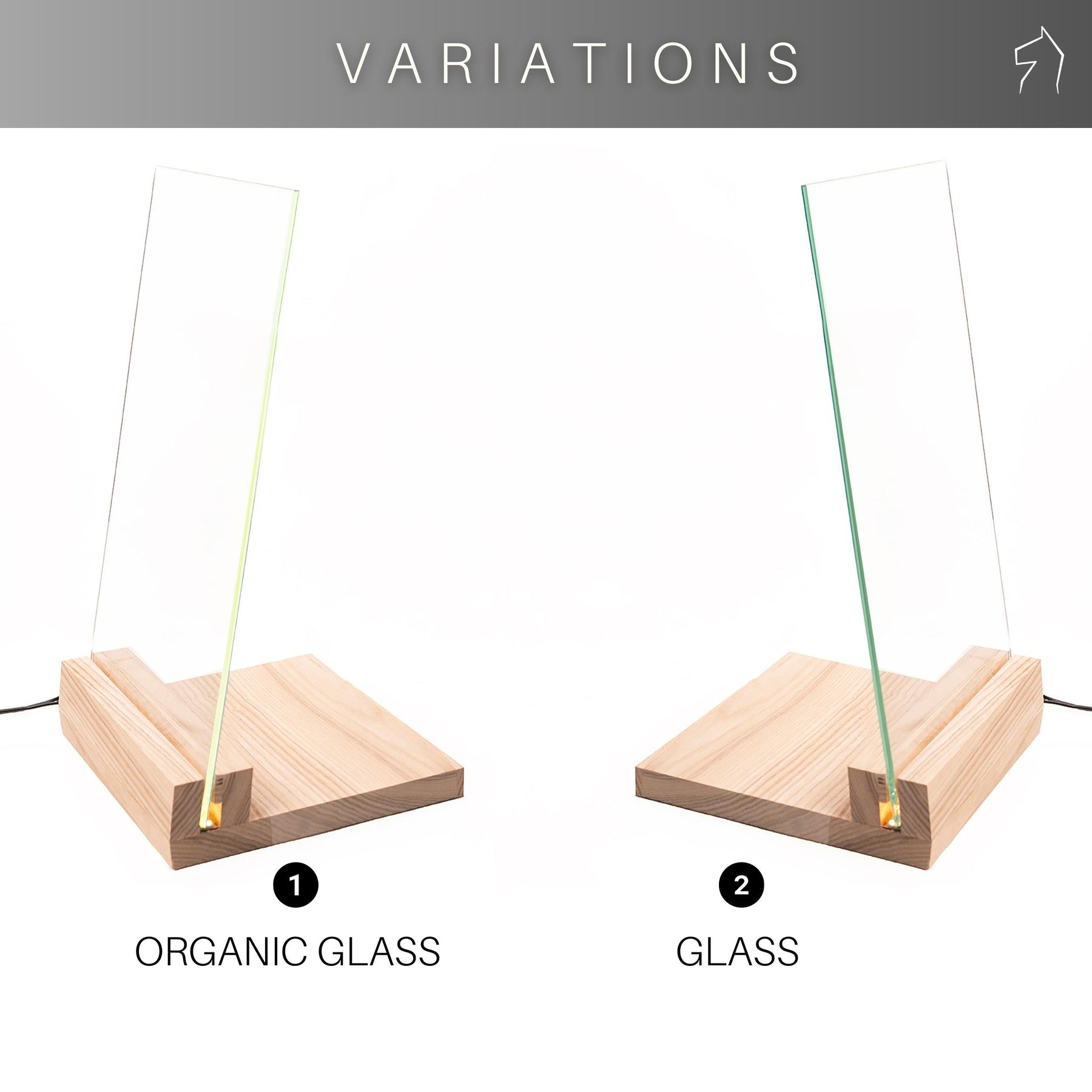 Two variations of a display stand with wooden bases: one with an organic glass panel on the left and the other with a regular glass panel on the right. Both panels are inserted into the wooden base.