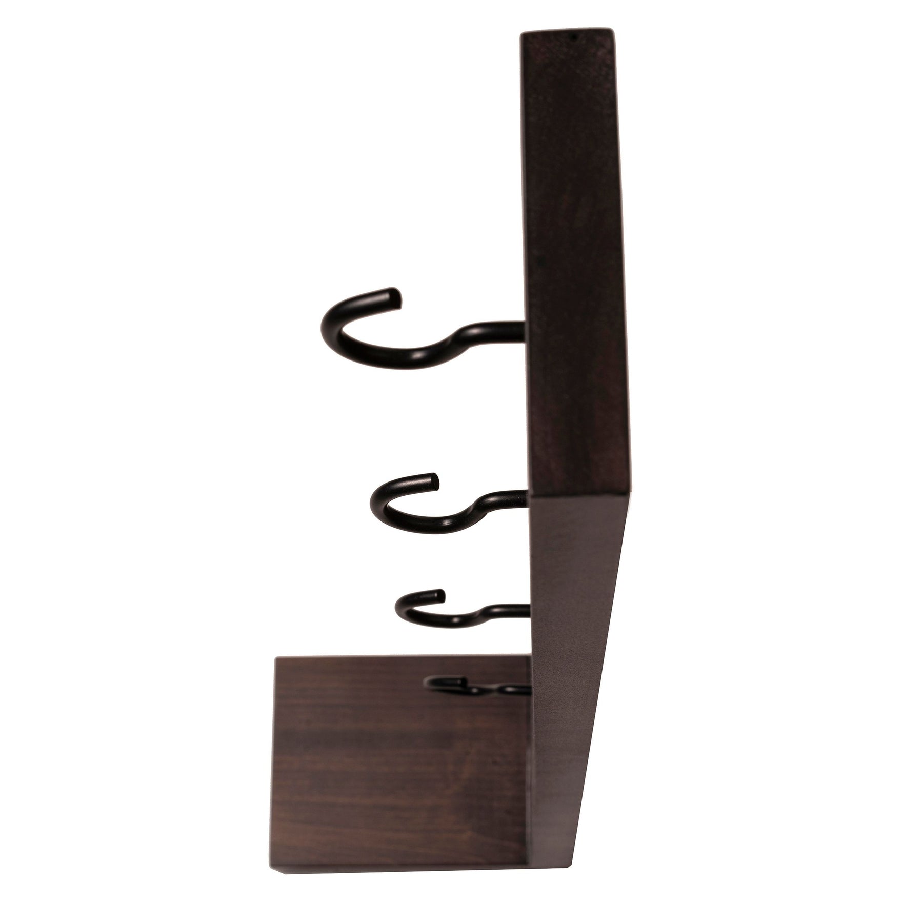 Side profile of a dark-stained wooden mug holder with four metal hooks arranged vertically and a stable rectangular base for support.