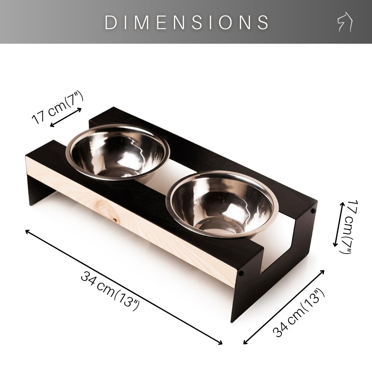 Elevated dog feeder with stainless steel bowls, steel and wood frame, 34 cm x 17 cm x 12 cm, easy to assemble, powder-coated finish.