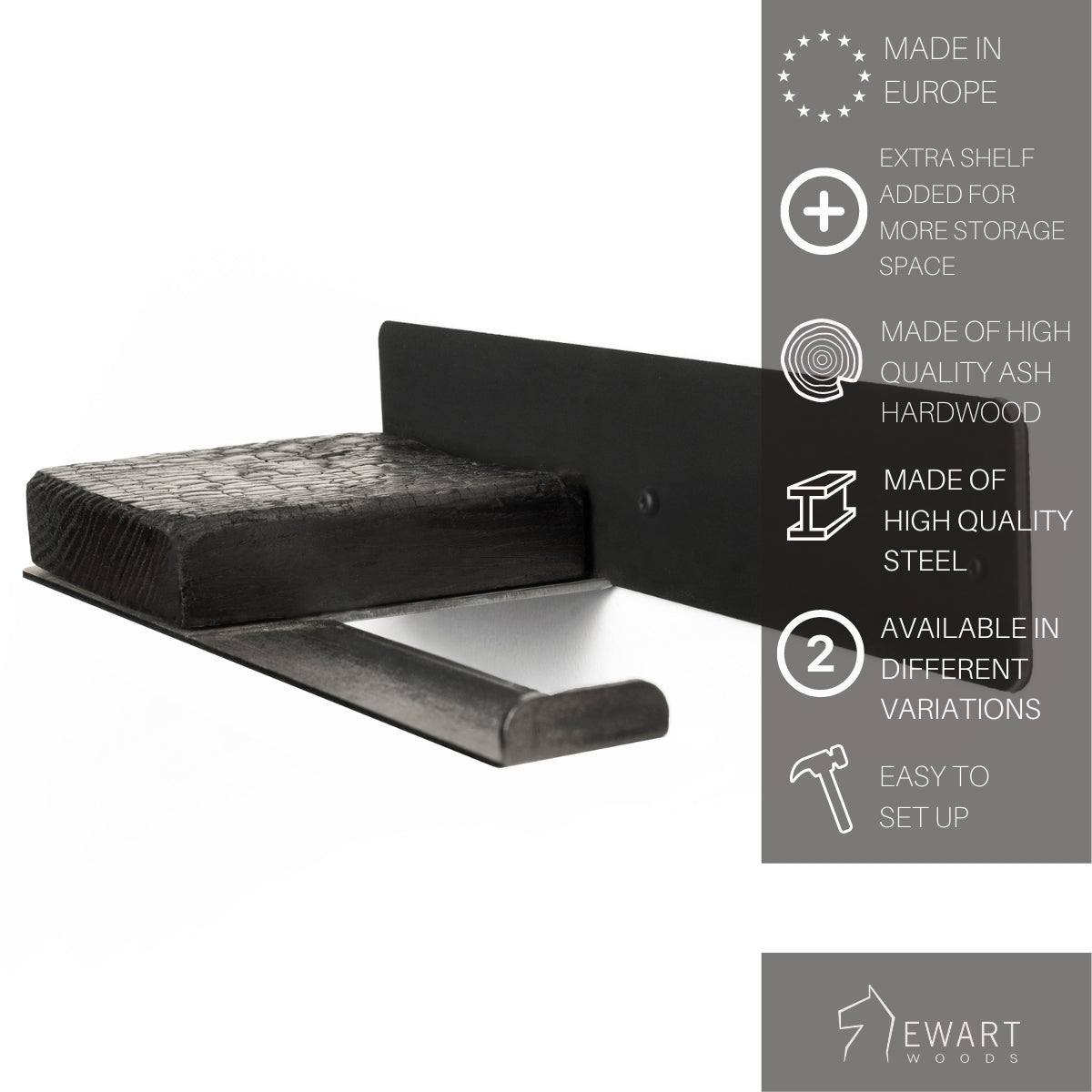 Close-up of a wall-mounted burned wood toilet paper holder with an extra shelf for additional storage space. The design features high-quality ash hardwood and steel, available in different variations.