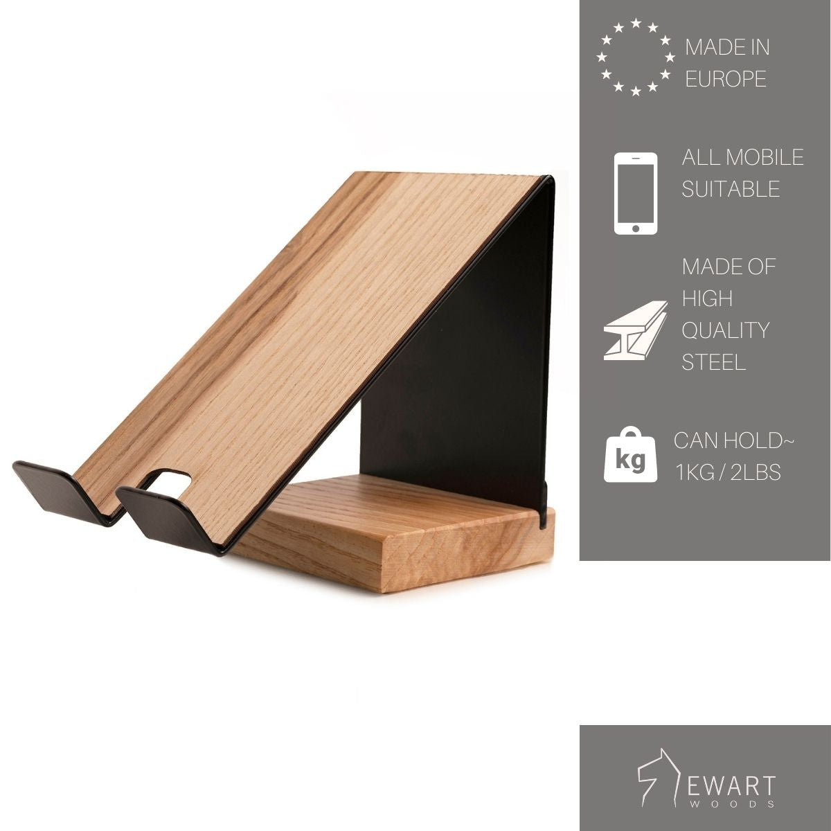 Stylish phone stand with a black metal frame and wooden base, designed for compatibility with all mobile devices. The stand is made of high-quality steel and can support up to 1kg (2lbs), with product details highlighting its European craftsmanship.