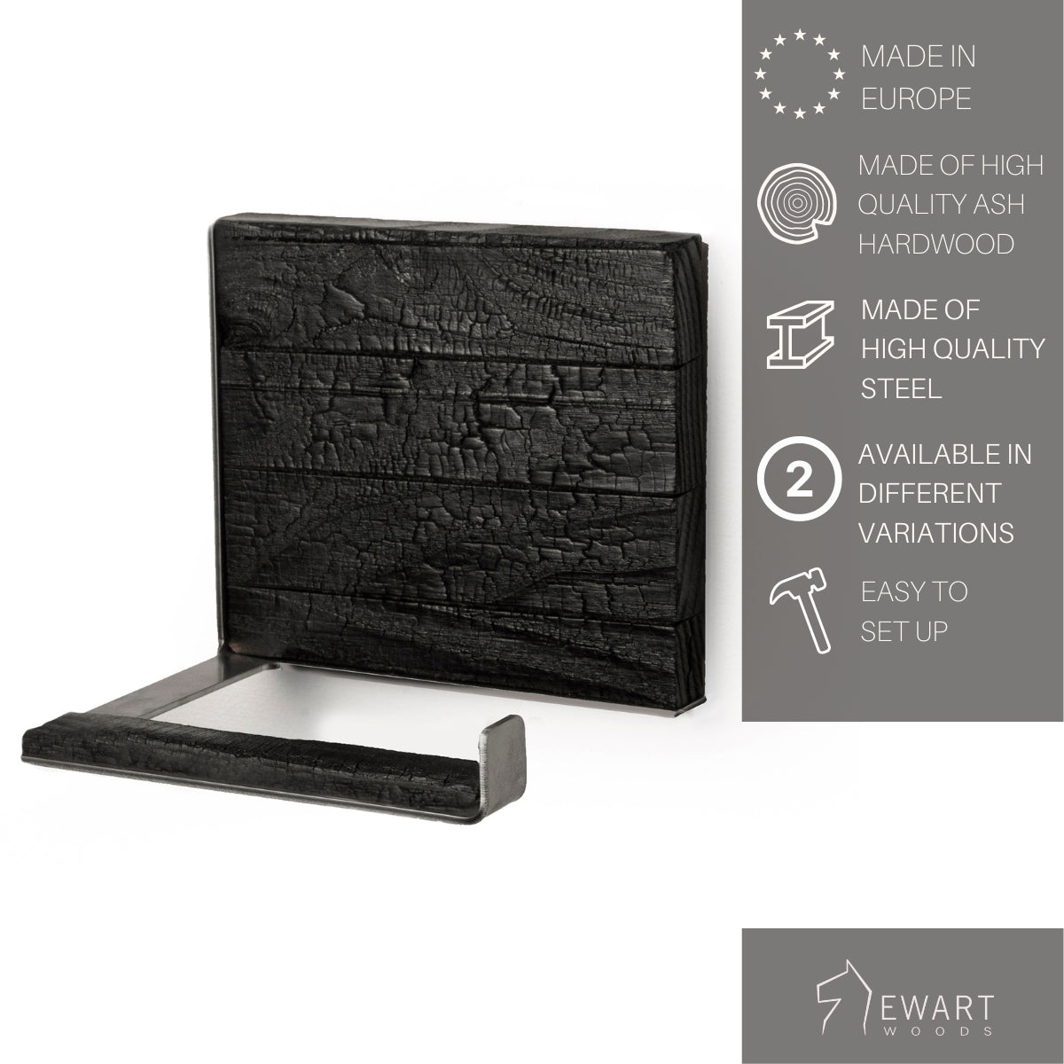 The image includes text indicating that the product is made in Europe, crafted from high-quality ash hardwood and steel, available in different variations, and easy to set up.