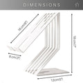 White metal phone holder with a slotted design, displayed with measurements: 18 cm tall, 16 cm deep, 12 cm wide at the base, and 8 cm wide at the cradle.