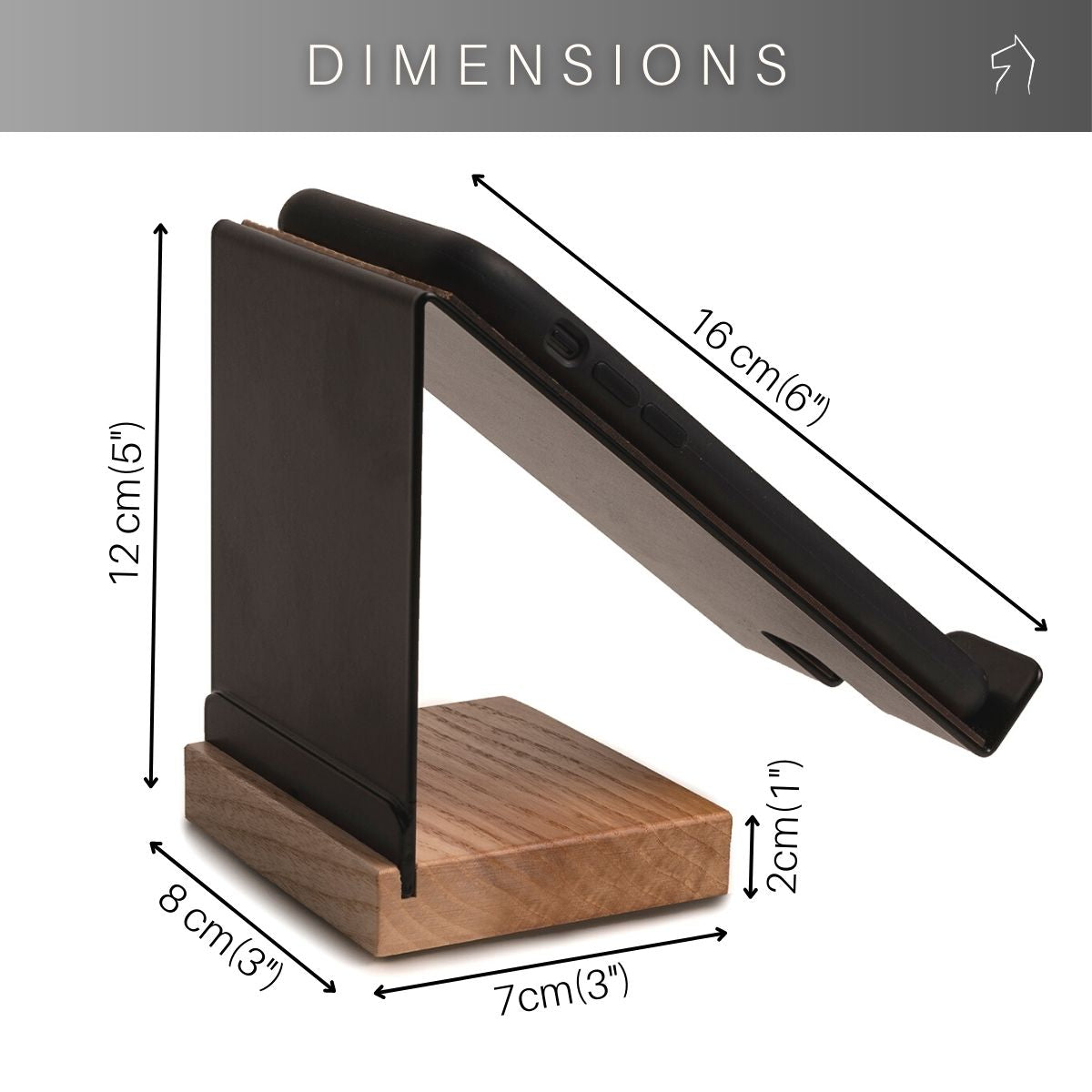 Side view of a phone stand with a black metal frame and wooden base, showing dimensions: 16 cm deep, 12 cm tall, 8 cm wide, with a 7 cm base and a 2 cm lip.