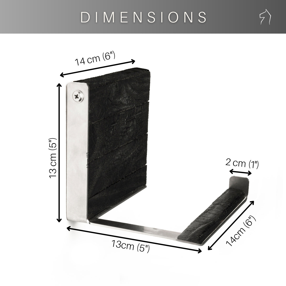 Dimensions of a burned ash wood and stainless steel toilet paper holder: 14 cm (6") in width, 13 cm (5") in height, 2 cm (1") in depth, and 13 cm (5") in the horizontal direction, with the metal bar extending 14 cm (6").