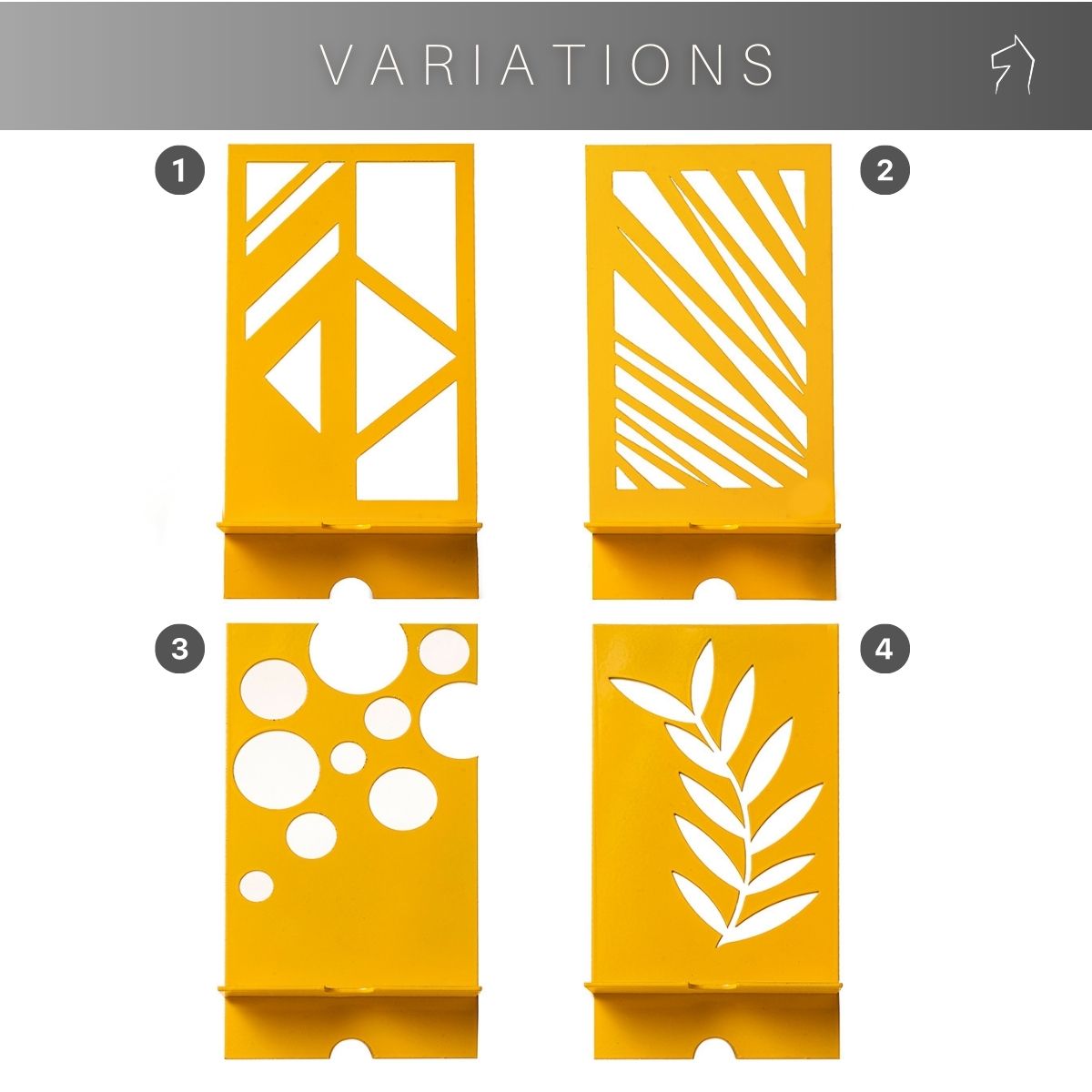 Four yellow metal phone holders, each with a different cutout design: geometric shapes, diagonal lines, circular patterns, and a leaf motif, labeled as variations.