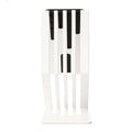 Back view of a white metal phone stand with a ribbed design, holding a smartphone vertically