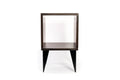 Open compartment furniture piece with a cube-shaped design, dark-stained wood, and sleek black tapered legs, ideal for minimalist storage and versatile use.