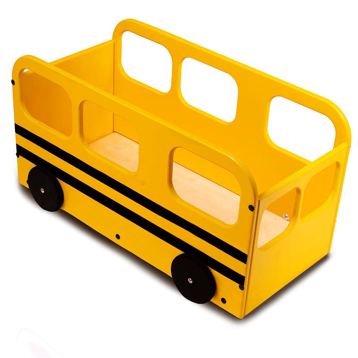 A yellow wooden bus storage box with black stripes, wheels, and cut-out windows, designed for organizing toys or other items.