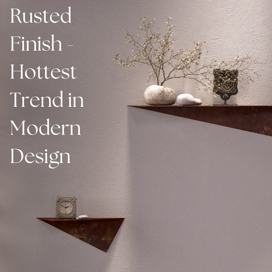 rusted wall shelves from metal in triangular form wall mounted with decor on top 