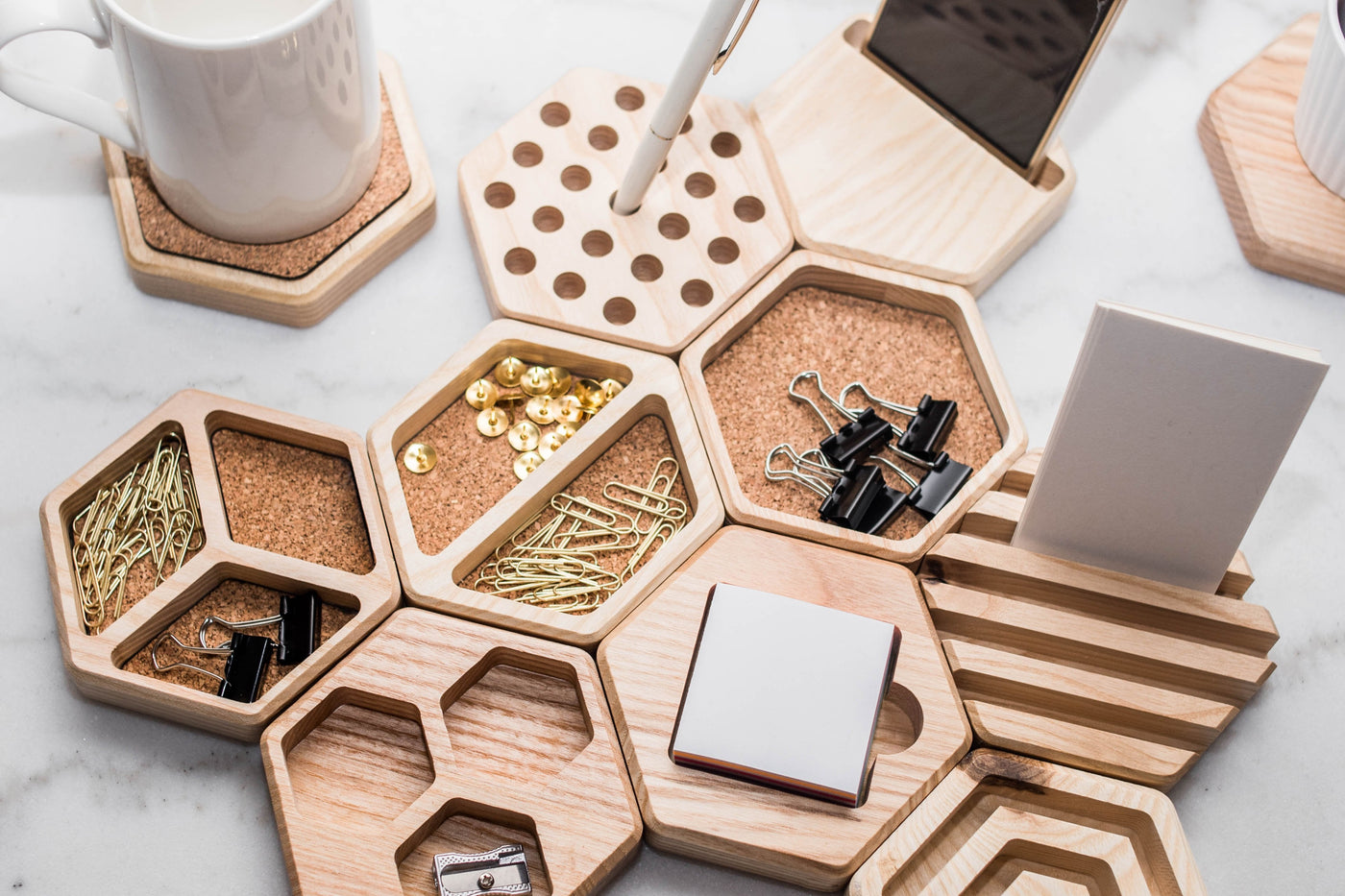 Hexagon Table organizers, tea coasters, and  hangers made as zero waste product. 