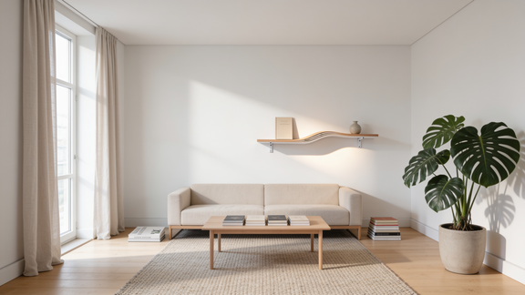 Scandinavian collection - bright Nordic living room with an oak Curved Wave floating wall shelf