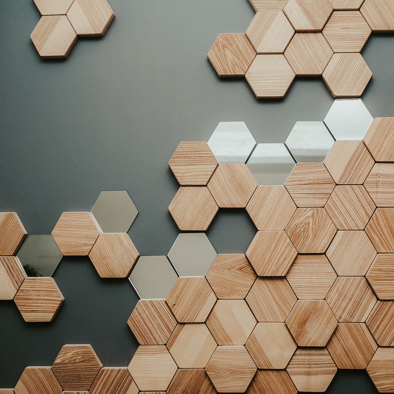 hexagon wood wall art with hexagon mirrors