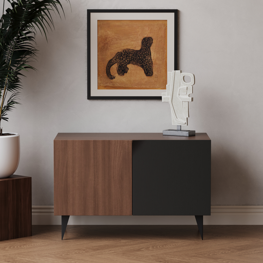 Front look of unique buffet cabinet with storage in walnut wood finish