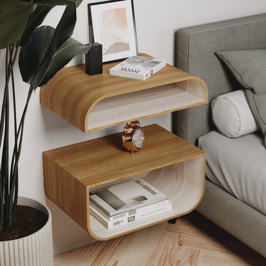 Floating nightstand set of 2 in oak color with white interior