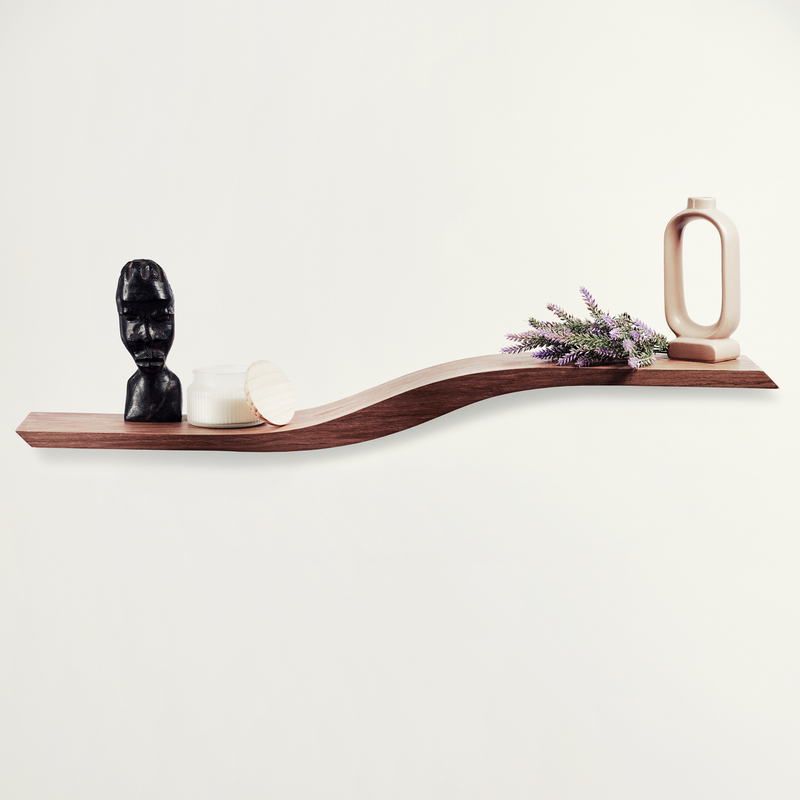 Wood curved floating shelf with solid middle wave section