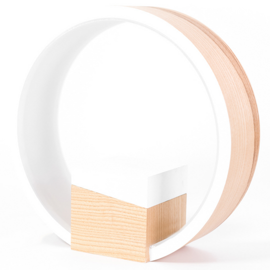 Front view of wooden bedroom table lamp with jewelry box inside 