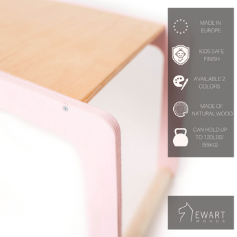 Close-up of a child-sized desk featuring blush pink legs and a light wood surface. The icons highlight its European origin, child-friendly finish, availability in two shades, construction from natural wood, and 120 lbs weight capacity. The 'Ewart Woods' branding is displayed.
