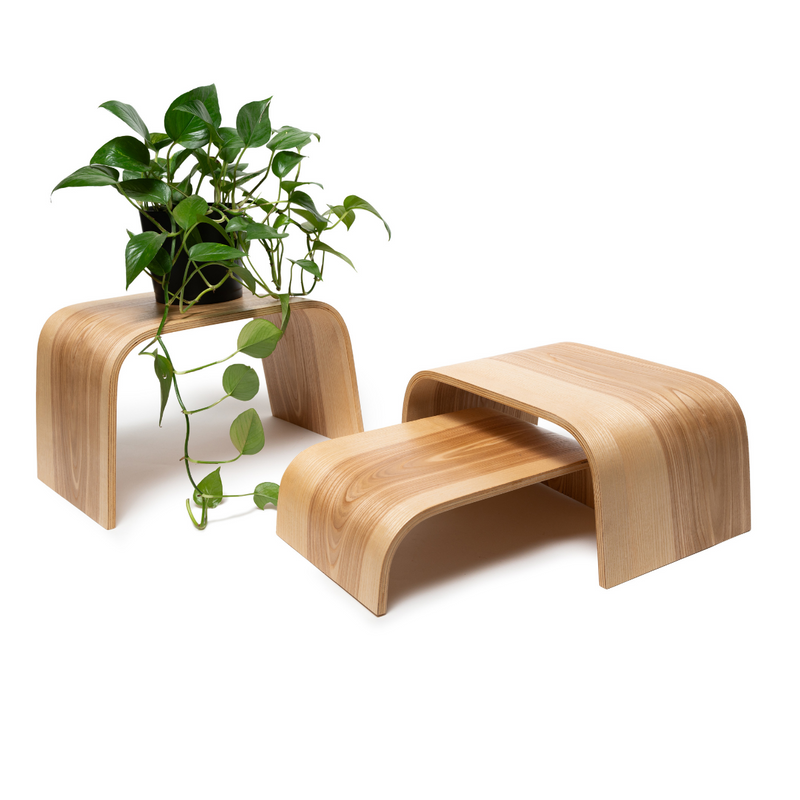 Set of three curved wooden plant stands with a natural, polished wood grain texture and smooth, rounded edges. One stand holds a leafy potted plant, while the others are stacked below, showcasing their modern and versatile design.