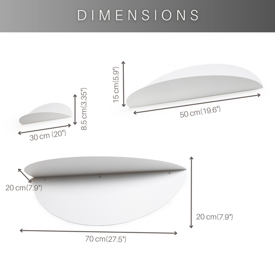 Dimensions of three white elliptical metal floating shelves, with measurements indicated: 30 cm (12"), 50 cm (19.6"), and 70 cm (27.5") for width, and 8.5 cm (3.35"), 15 cm (5.9"), and 20 cm (7.9") for height.