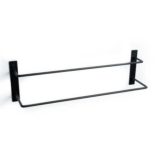 Black wall-mounted double towel rack with a sleek, minimalist design and sturdy metal frame.