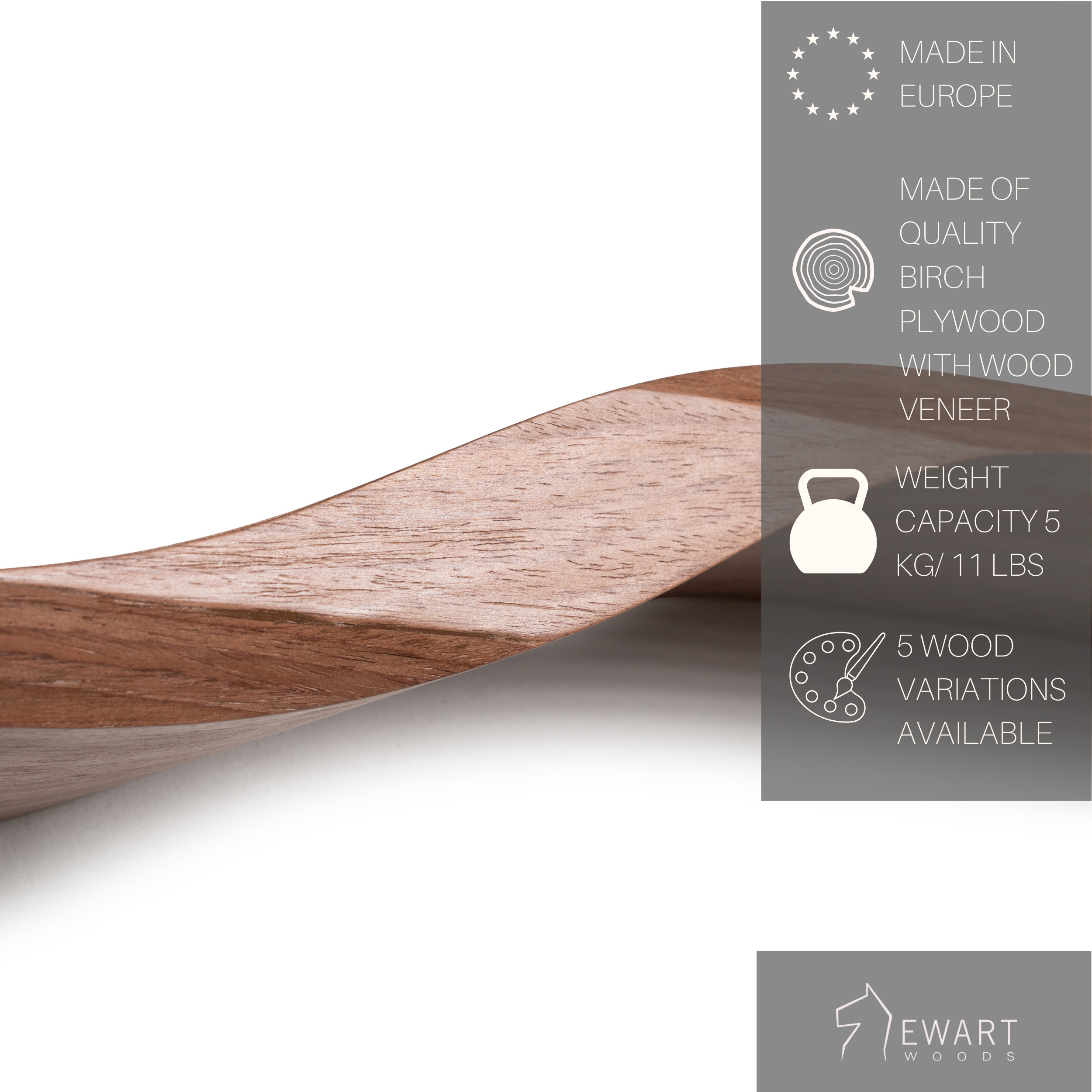 Close-up of wood curved floating propeller design shelf with manufacturer specifics 
