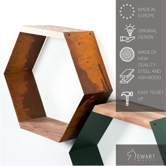 Hexagonal rust-colored steel and ash wood shelf, shown with icons indicating features: Made in Europe, Original Design, High-quality steel and ash wood, and Easy to set up. Ewart Woods logo at the bottom right.