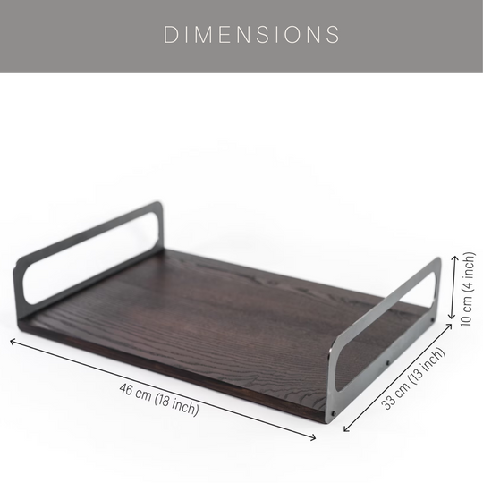 Wooden serving tray with sleek metal handles, shown with labeled dimensions: 46 cm (18 inches) in length, 33 cm (13 inches) in width, and 10 cm (4 inches) in height.