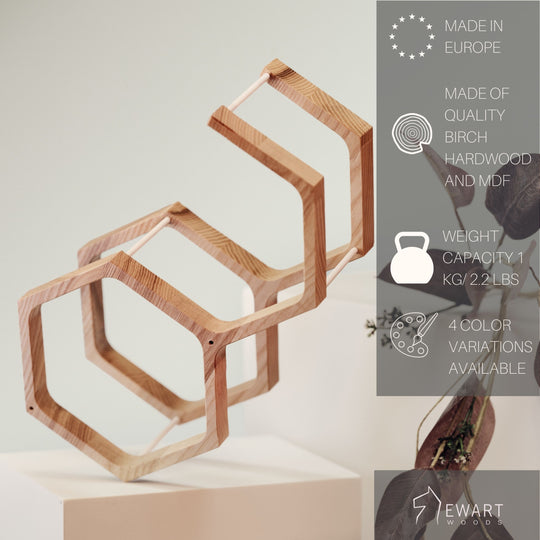 Wall mounted wooden toilet roll holder in hexagon shape with manufacturer specifics 